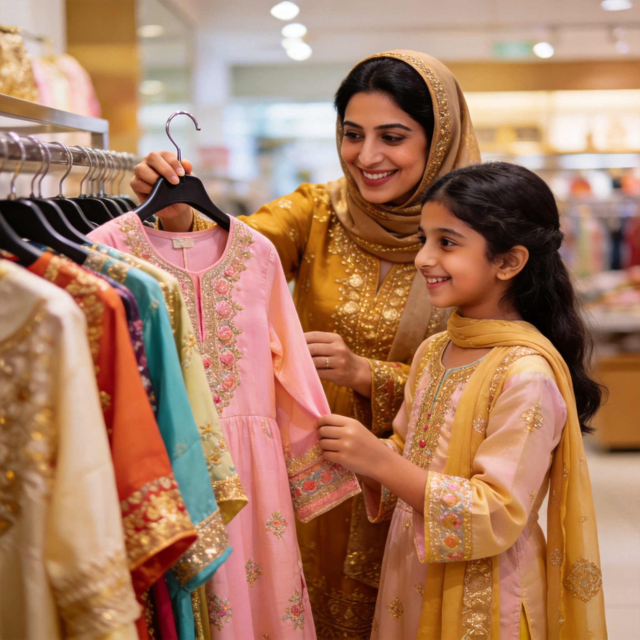 Pakistani mother and daughter choosing Eid clothes