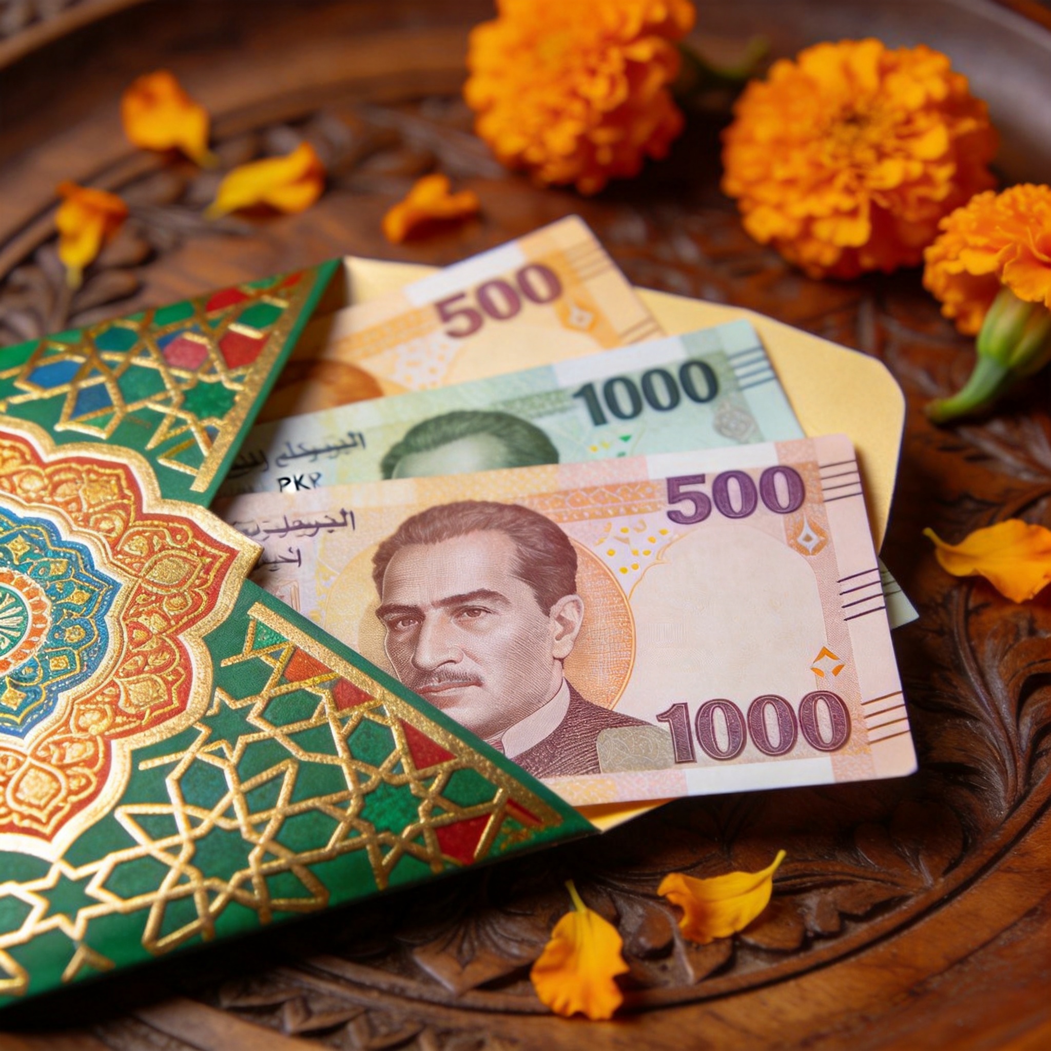 Eidi cash being prepared in decorative envelopes