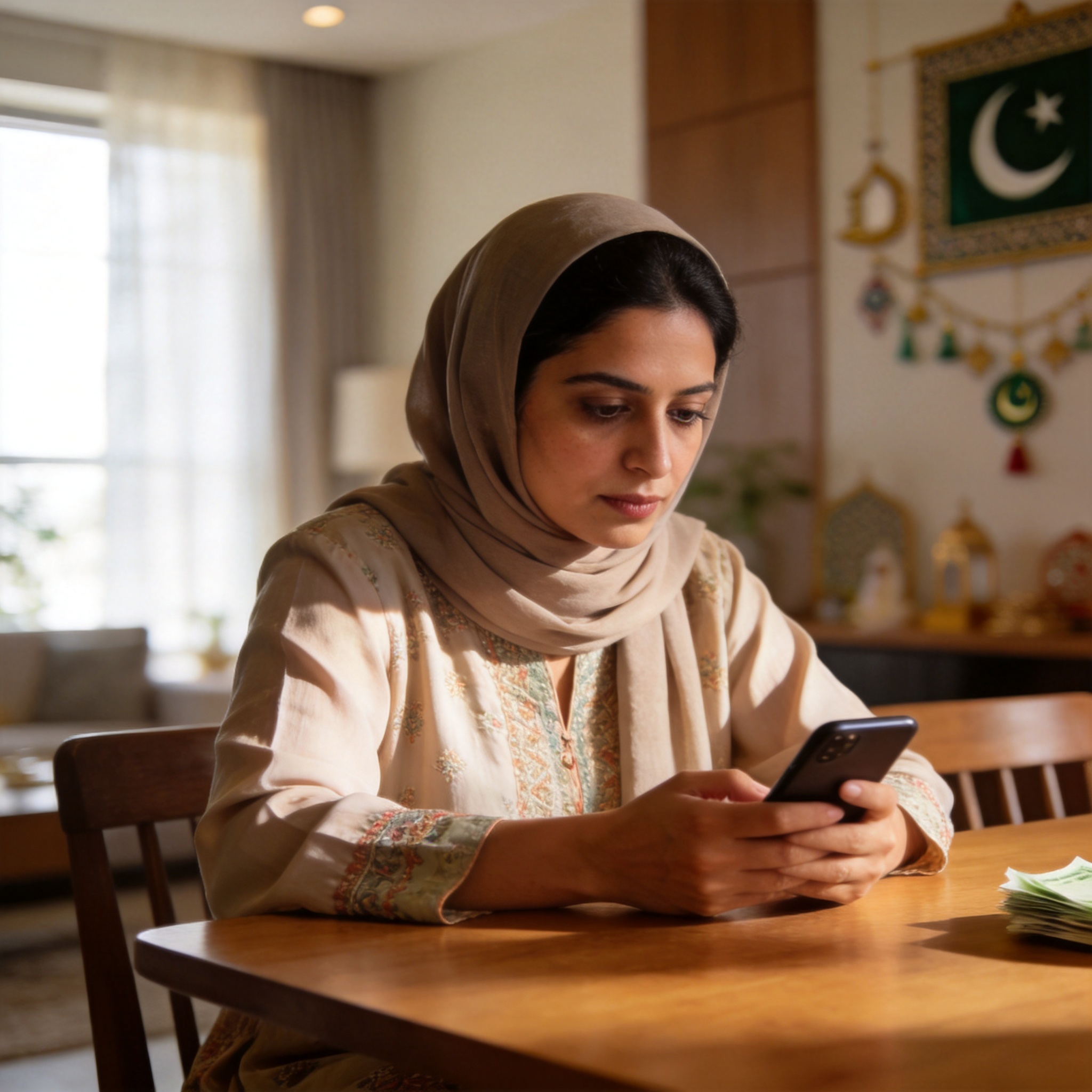 Pakistani woman managing finances calmly on her phone