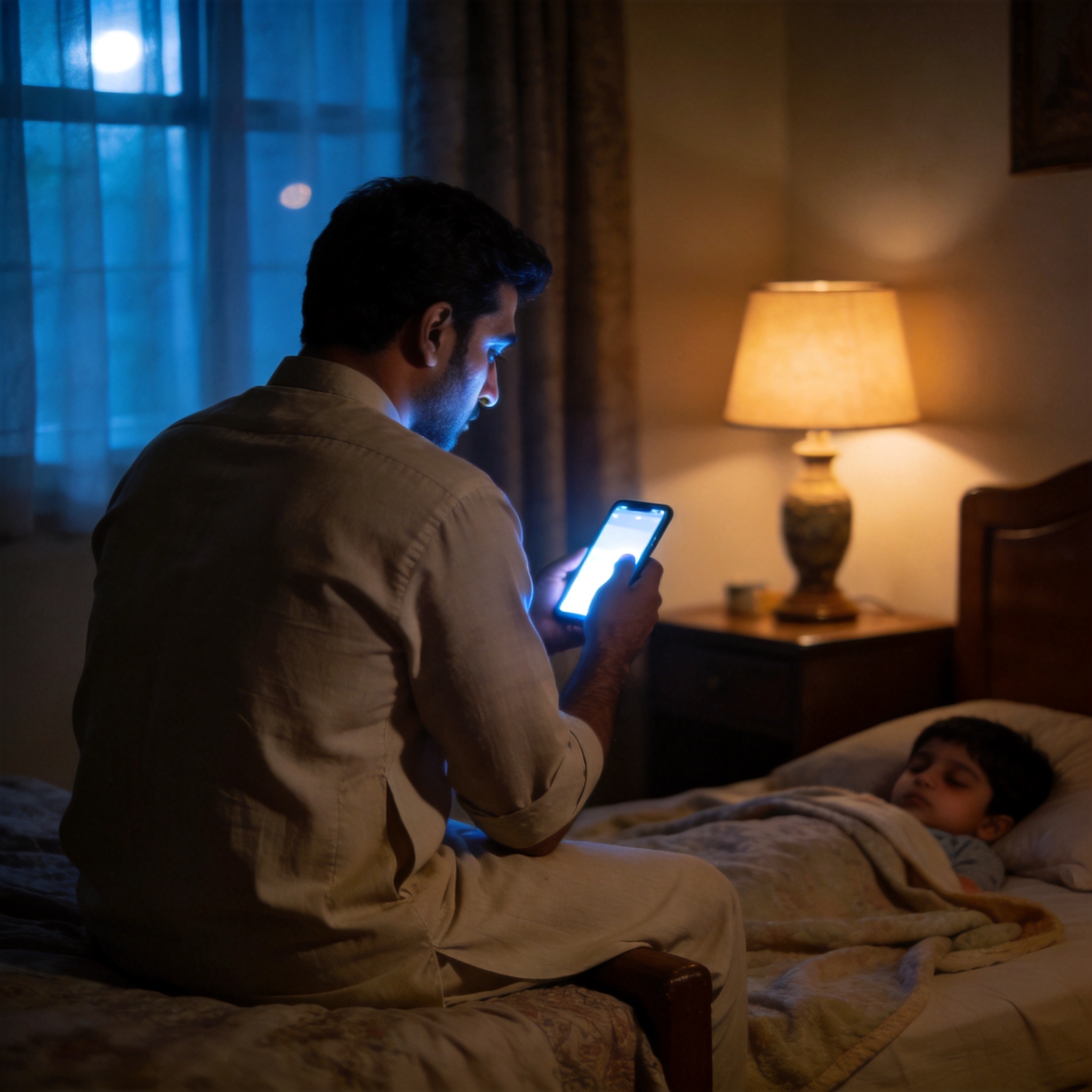 A father sits by his sleeping child at 2 AM, lit only by a phone screen