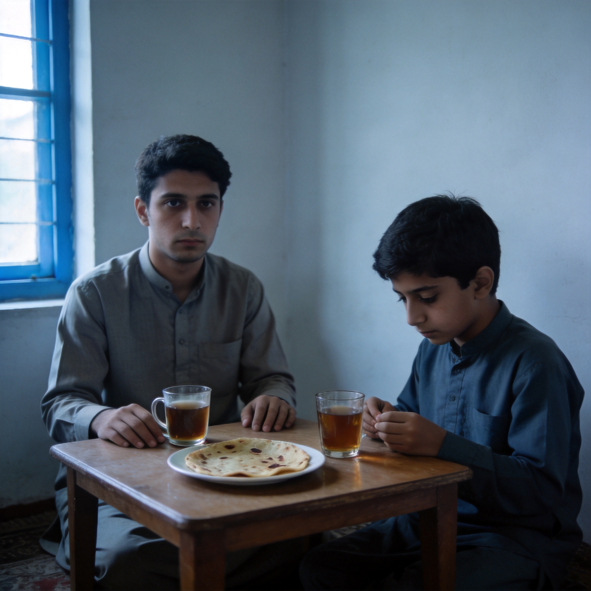 Two brothers sit silently across a breakfast table at dawn, chai steaming between them