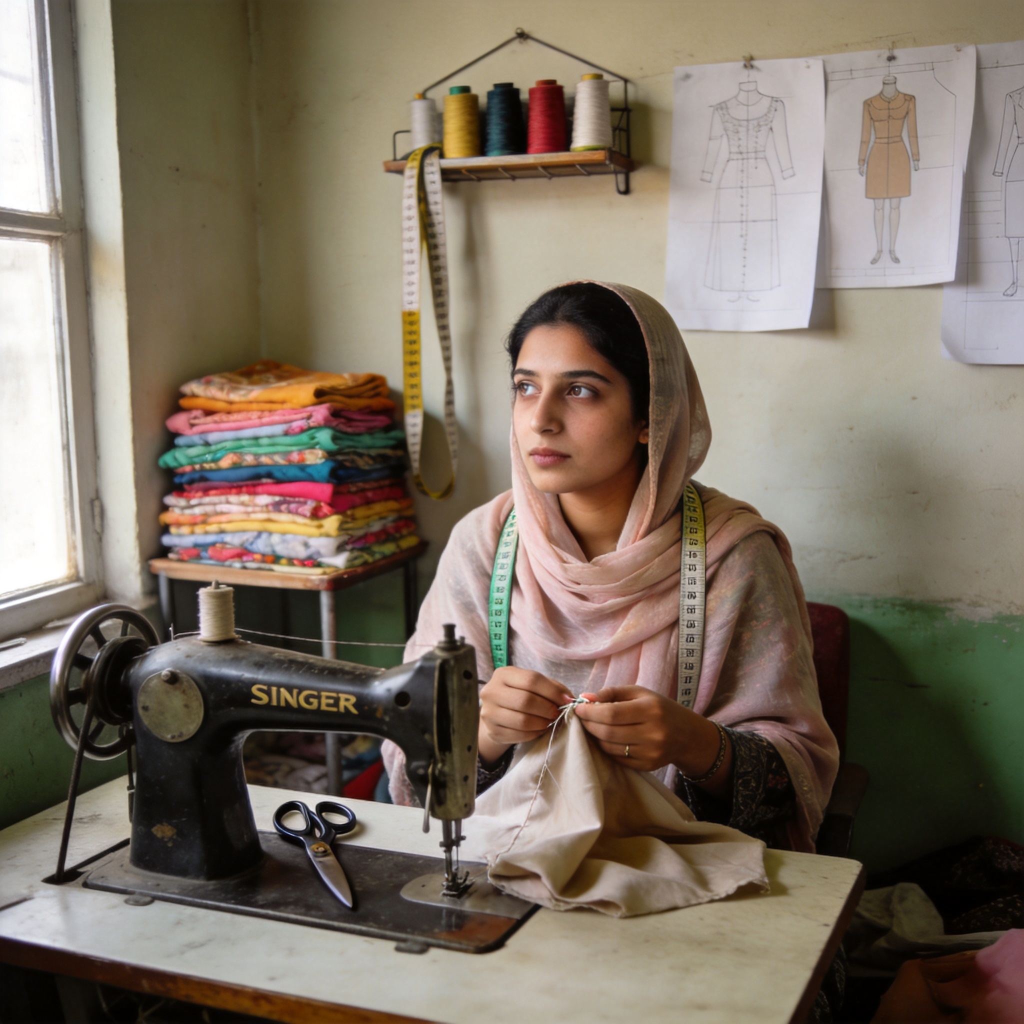 A woman kneads dough in a home kitchen, lost in thought