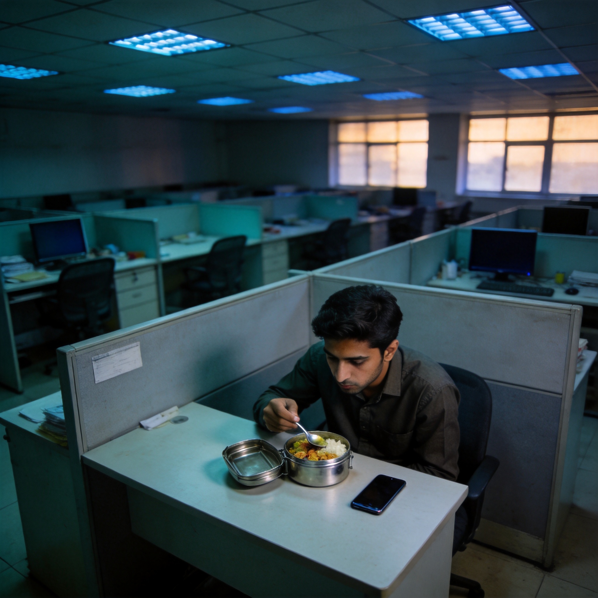 A young professional eats alone from a tiffin at his office desk, looking at his phone